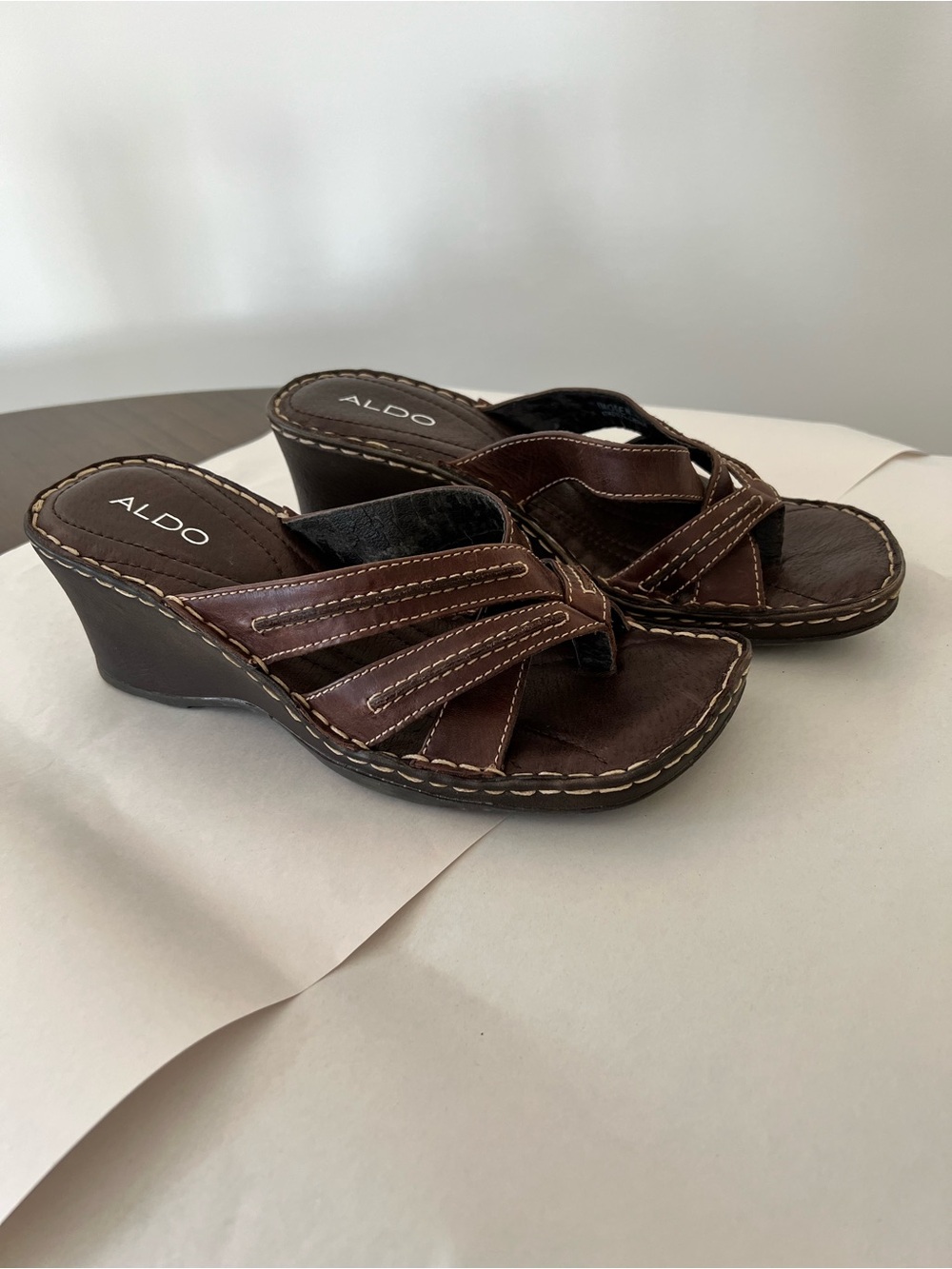 ALDO Brown Leather Cross-Strap Wedge Sandals